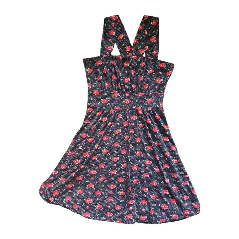 American Rag Whimsigoth Red Floral Polka Dot Dress W Back Button Accent - S